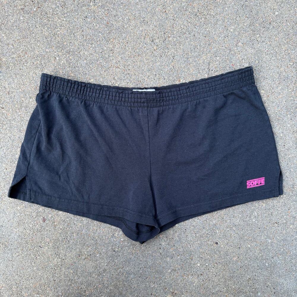 Y2K Soffe Low Rise Micro Mini Gym Shorts Black Jersey Size LARGE Hot Pink Logo